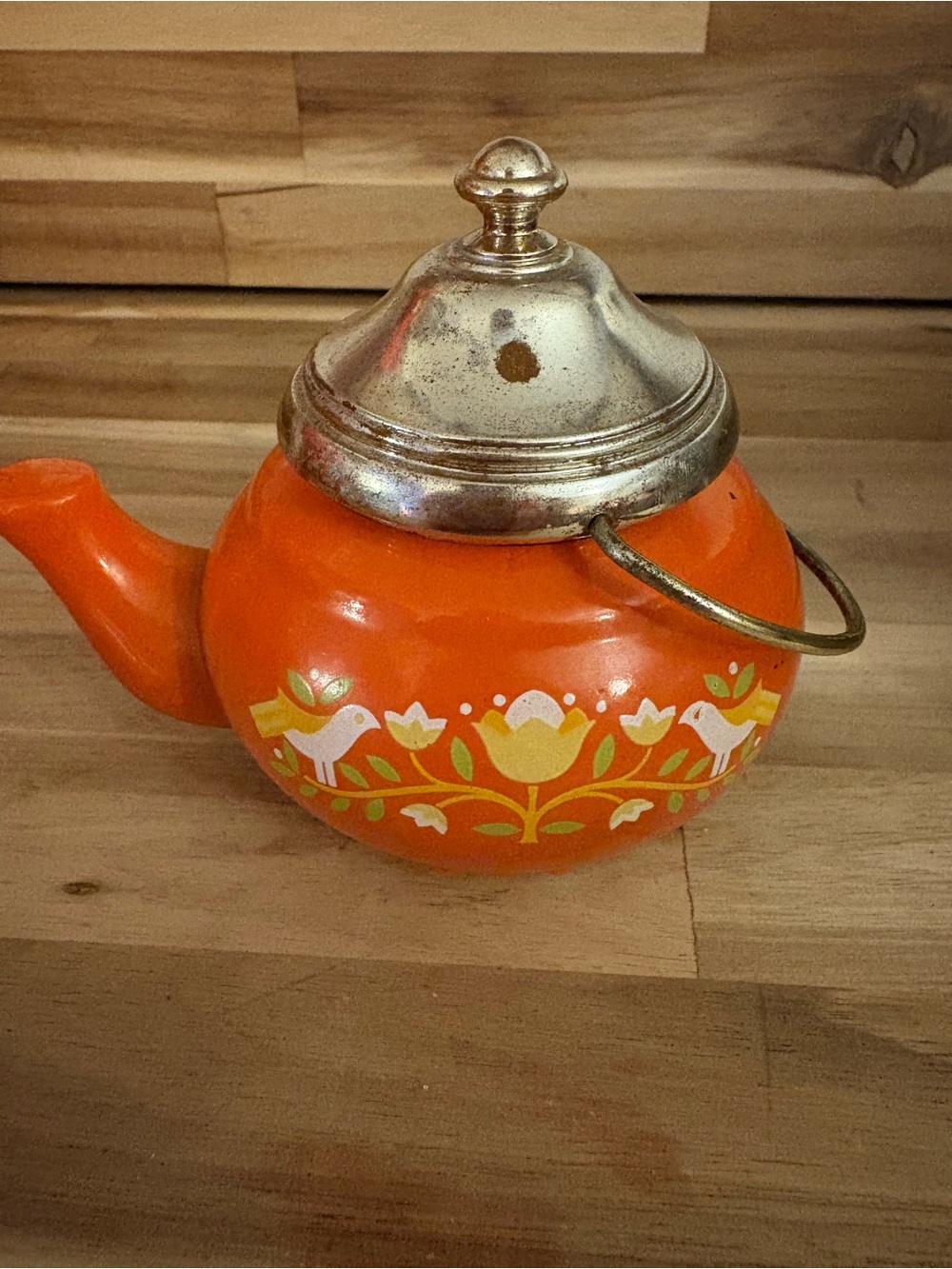 Vintage Orange Floral Decorative Teapot with Silver Lid